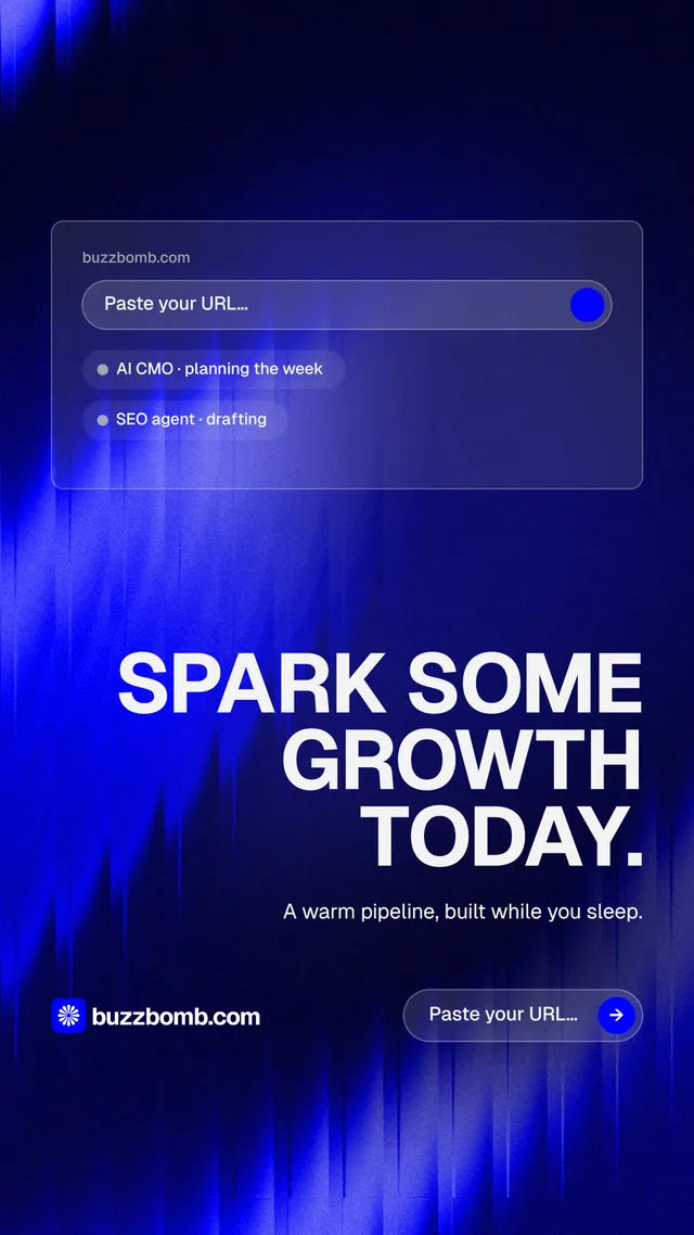 Instagram story for BuzzBomb: "Spark some growth today." Agentic glass style, right layout, dark palette in black, blue.