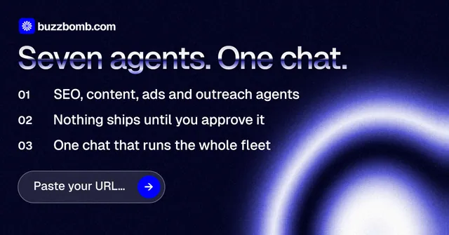 Social ad for BuzzBomb: "Seven agents. One chat." Agentic glass style, numbered layout, dark palette in black, blue.