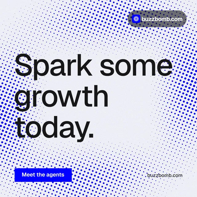 Instagram post for BuzzBomb: "Spark some growth today." Swiss style, poster layout, light palette in blue, white.