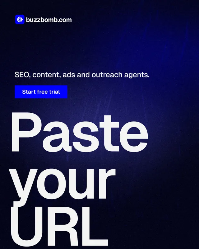 Instagram portrait post for BuzzBomb: "Paste your URL." Swiss style, oversized layout, dark palette in black, blue, white.