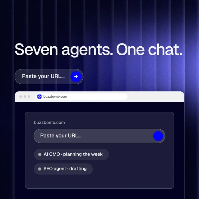 Instagram post for BuzzBomb: "Seven agents. One chat." Agentic glass style, browser layout, dark palette in blue, black.