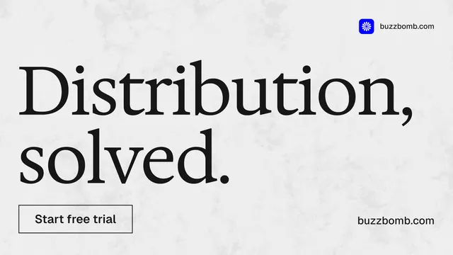Landscape graphic for BuzzBomb: "Distribution, solved." Editorial style, poster layout, light palette in white, grey.