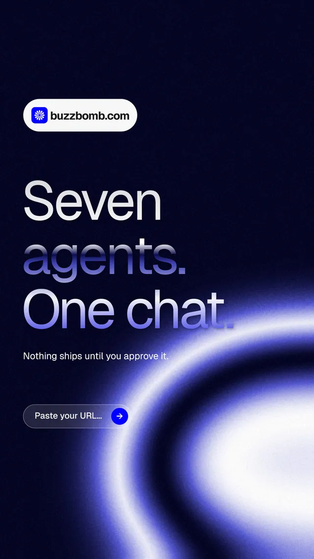 Instagram story for BuzzBomb: "Seven agents. One chat." Agentic glass style, announce layout, dark palette in black, blue.
