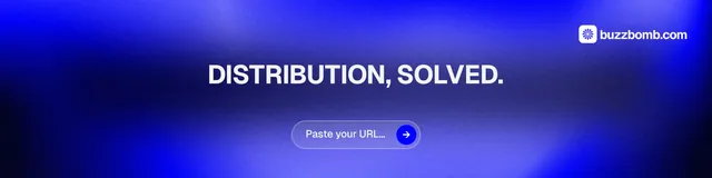 LinkedIn banner for BuzzBomb: "Distribution, solved." Agentic glass style, centred layout, dark palette in blue.