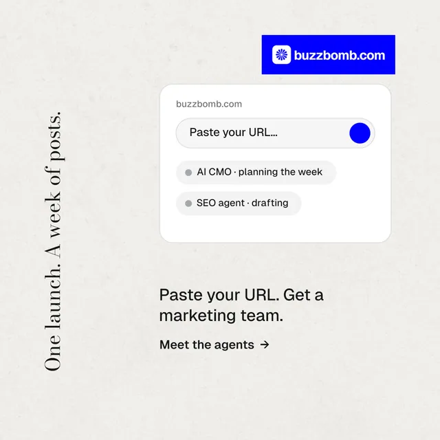 Instagram post for BuzzBomb: "One launch. A week of posts." Minimal luxury style, vertical layout, light palette in white, blue.