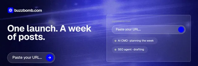 X header for BuzzBomb: "One launch. A week of posts." Agentic glass style, bottom layout, dark palette in blue.