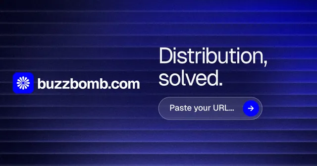 Social ad for BuzzBomb: "Distribution, solved." Agentic glass style, logo hero layout, dark palette in blue.