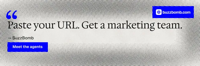 X header for BuzzBomb: "Your AI marketing team." Swiss style, quote layout, light palette in grey, white, blue.