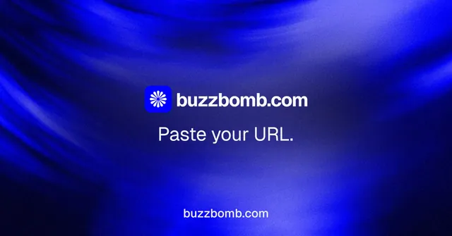 Social ad for BuzzBomb: "Paste your URL." Swiss style, end card layout, dark palette in blue.