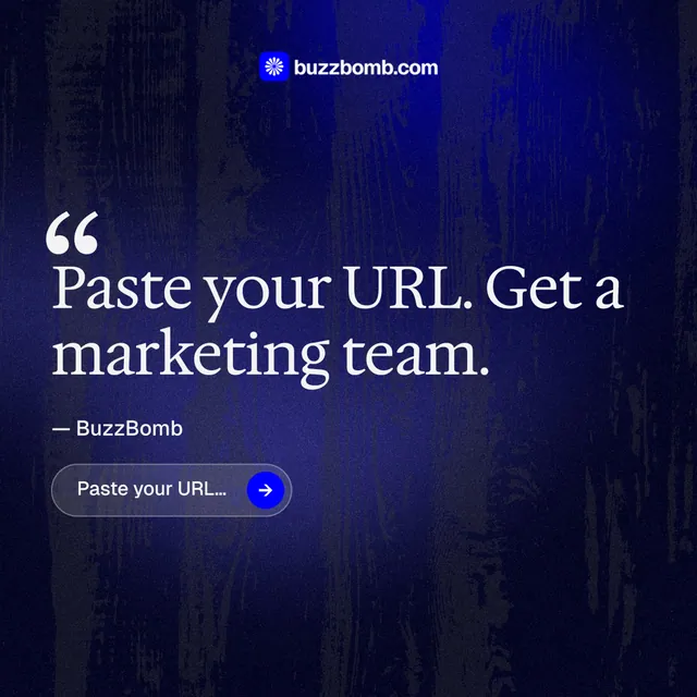 Instagram post for BuzzBomb: "Get a marketing team." Agentic glass style, quote layout, dark palette in black, blue.