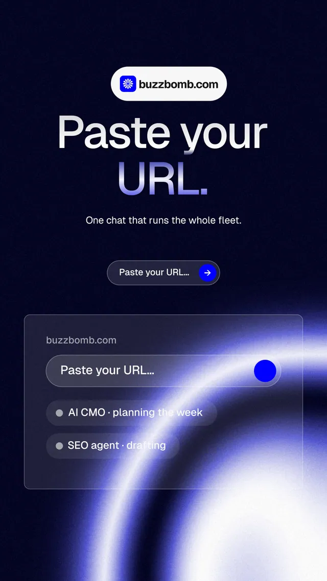 Instagram story for BuzzBomb: "Paste your URL." Agentic glass style, centred layout, dark palette in black, blue.