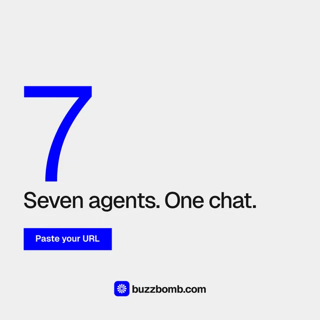 Instagram post for BuzzBomb: "Seven agents. One chat." Swiss style, stat layout, light palette in white, blue.