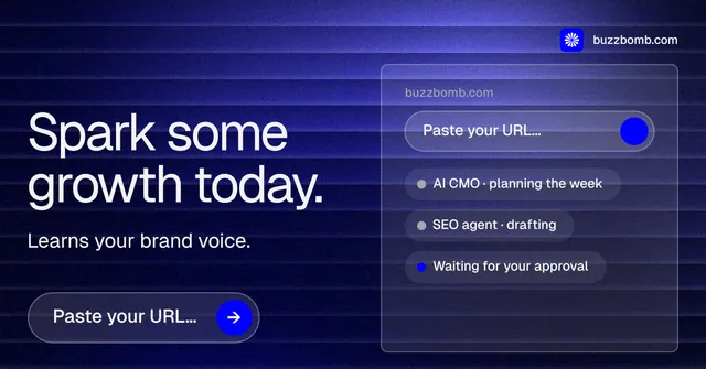 Social ad for BuzzBomb: "Spark some growth today." Agentic glass style, bottom layout, dark palette in black, blue.
