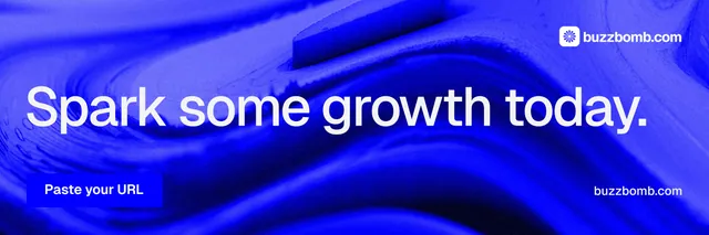 X header for BuzzBomb: "Spark some growth today." Swiss style, poster layout, dark palette in blue.