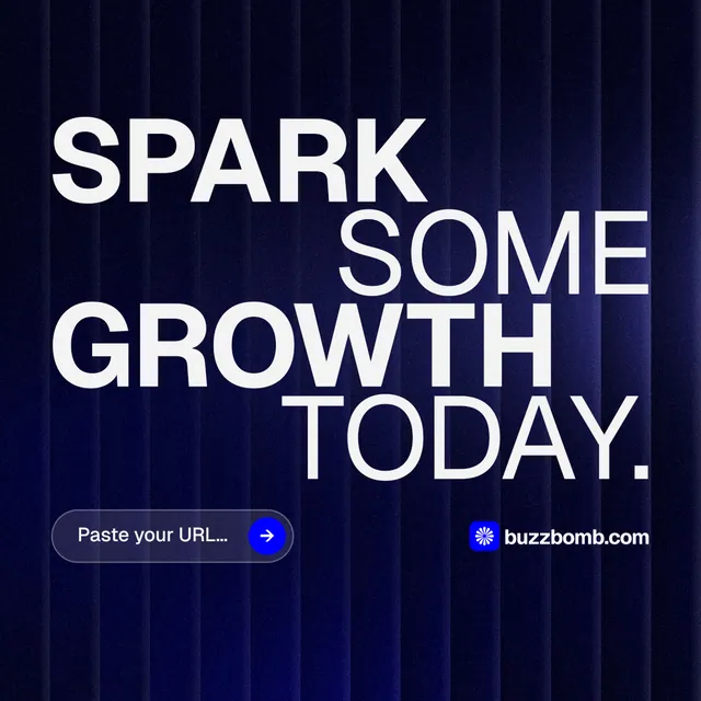 Instagram post for BuzzBomb: "Spark some growth today." Agentic glass style, stacked layout, dark palette in black, blue, grey.