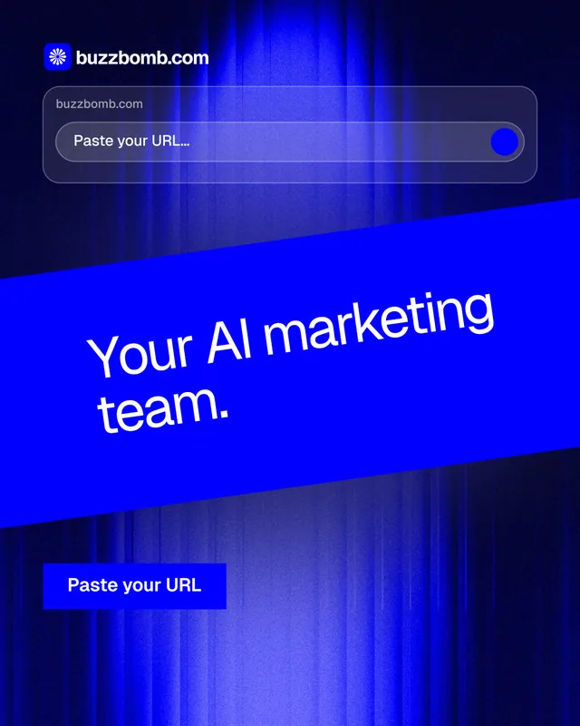 Instagram portrait post for BuzzBomb: "Your AI marketing team." Swiss style, diagonal layout, dark palette in blue.