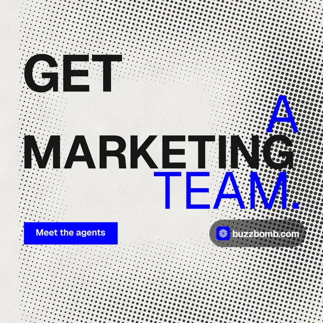 Instagram post for BuzzBomb: "Get a marketing team." Swiss style, stacked layout, light palette in grey, white.