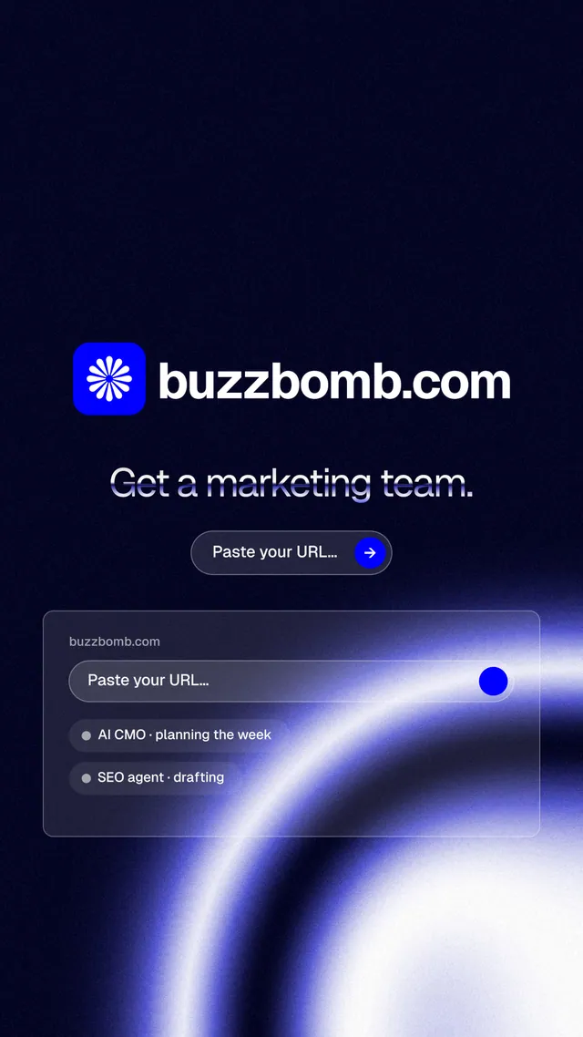 Instagram story for BuzzBomb: "Get a marketing team." Agentic glass style, logo hero layout, dark palette in black, blue.
