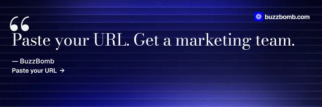 X header for BuzzBomb: "Paste your URL." Minimal luxury style, quote layout, dark palette in blue, black.