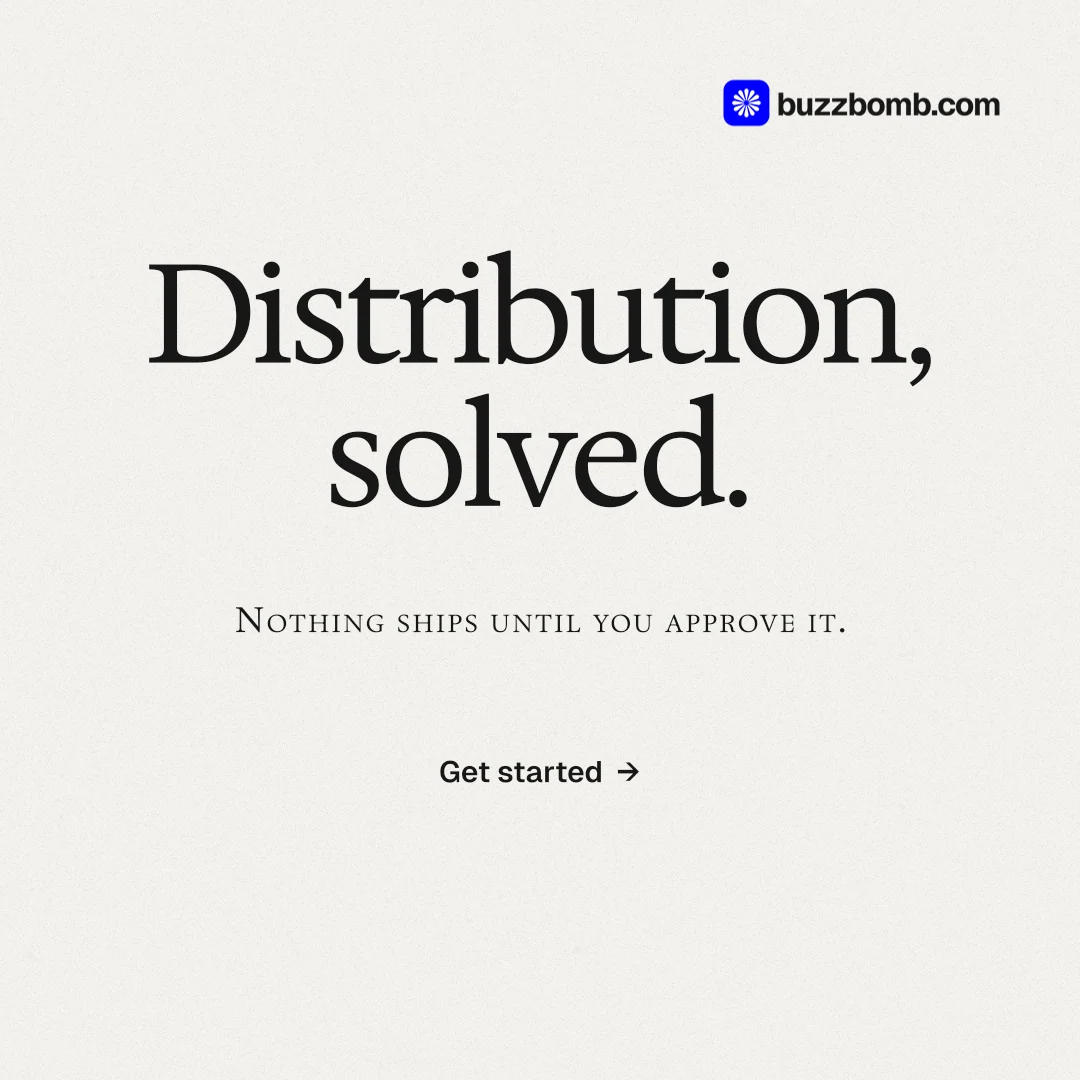 Instagram post for BuzzBomb: "Distribution, solved." Swiss style, smallcaps layout, light palette in white.