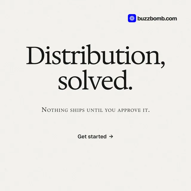 Instagram post for BuzzBomb: "Distribution, solved." Swiss style, smallcaps layout, light palette in white.