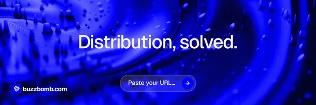 X header for BuzzBomb: "Distribution, solved." Agentic glass style, centred layout, dark palette in blue.