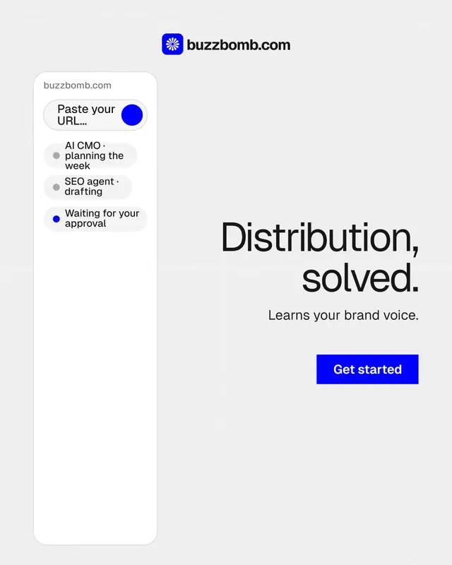 Instagram portrait post for BuzzBomb: "Distribution, solved." Swiss style, right layout, light palette in white.