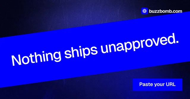 Social ad for BuzzBomb: "Nothing ships unapproved." Swiss style, diagonal layout, dark palette in blue.