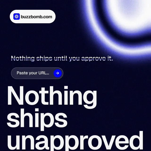 Instagram post for BuzzBomb: "Your AI marketing team." Agentic glass style, oversized layout, dark palette in black, blue.