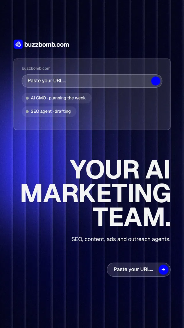 Instagram story for BuzzBomb: "Your AI marketing team." Agentic glass style, right layout, dark palette in blue, black.