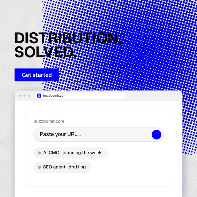 Instagram post for BuzzBomb: "Distribution, solved." Swiss style, browser layout, light palette in blue, white.