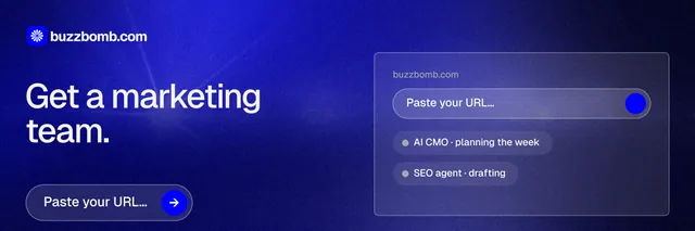 X header for BuzzBomb: "Get a marketing team." Agentic glass style, bottom layout, dark palette in blue.