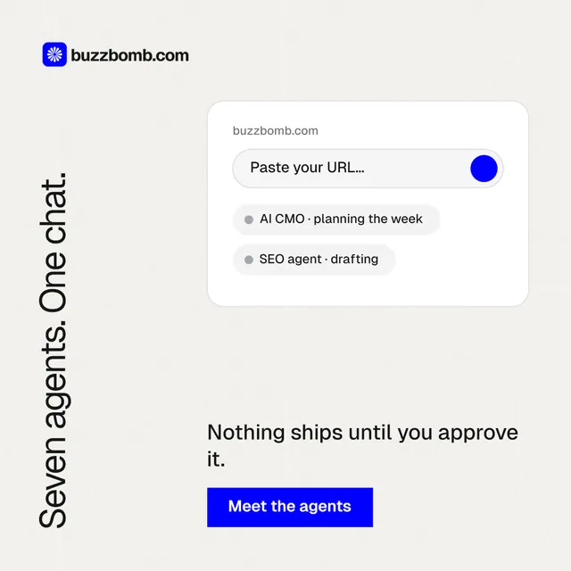 Instagram post for BuzzBomb: "Seven agents. One chat." Swiss style, vertical layout, light palette in white, blue.