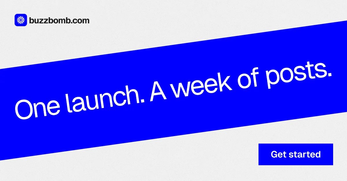 Social ad for BuzzBomb: "One launch. A week of posts." Swiss style, diagonal layout, light palette in blue, white.
