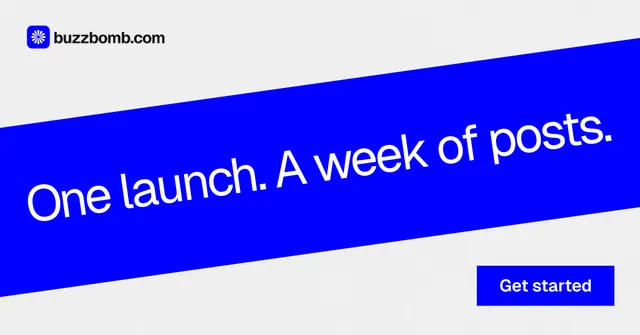 Social ad for BuzzBomb: "One launch. A week of posts." Swiss style, diagonal layout, light palette in blue, white.