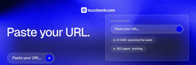 X header for BuzzBomb: "Paste your URL." Agentic glass style, bottom layout, dark palette in blue.