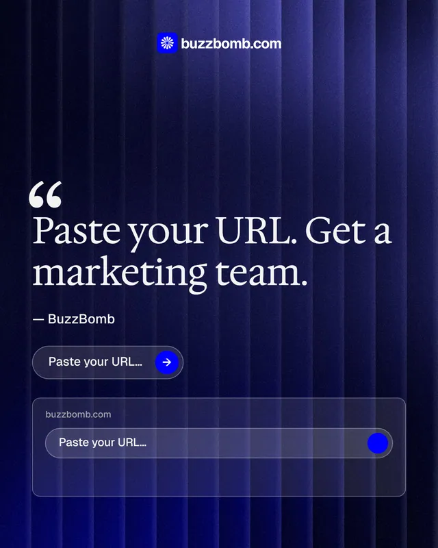 Instagram portrait post for BuzzBomb: "Paste your URL." Agentic glass style, quote layout, dark palette in blue, black.