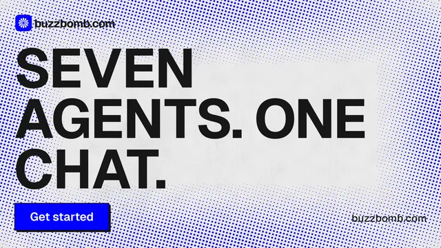 Landscape graphic for BuzzBomb: "Seven agents. One chat." Brutalist style, poster layout, light palette in blue, white, grey.