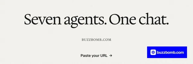 X header for BuzzBomb: "Seven agents. One chat." Swiss style, smallcaps layout, light palette in white, blue.