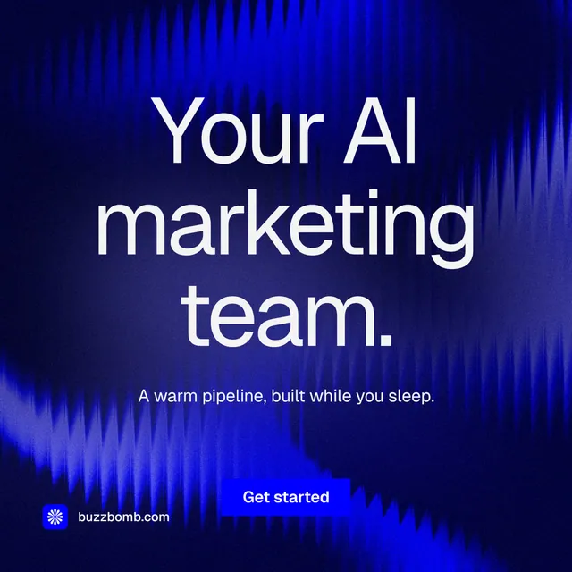 Instagram post for BuzzBomb: "Your AI marketing team." Swiss style, centred layout, dark palette in blue.