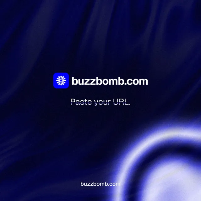 Instagram post for BuzzBomb: "Paste your URL." Agentic glass style, end card layout, dark palette in black, blue.
