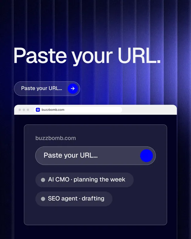 Instagram portrait post for BuzzBomb: "Paste your URL." Agentic glass style, browser layout, dark palette in blue, black.