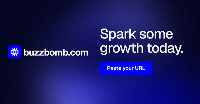 Social ad for BuzzBomb: "Spark some growth today." Swiss style, logo hero layout, dark palette in black, blue.