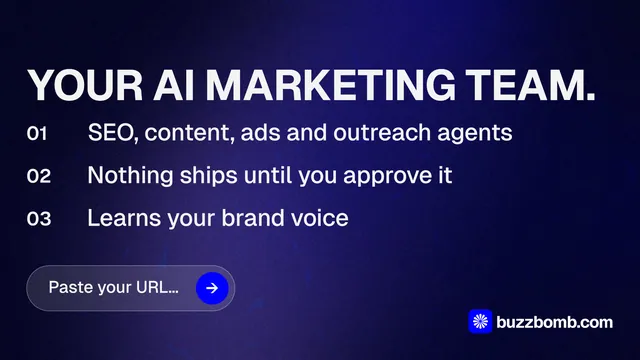 Landscape graphic for BuzzBomb: "Your AI marketing team." Agentic glass style, numbered layout, dark palette in black, blue, grey.