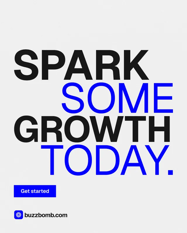 Instagram portrait post for BuzzBomb: "Spark some growth today." Swiss style, stacked layout, light palette in white, blue.