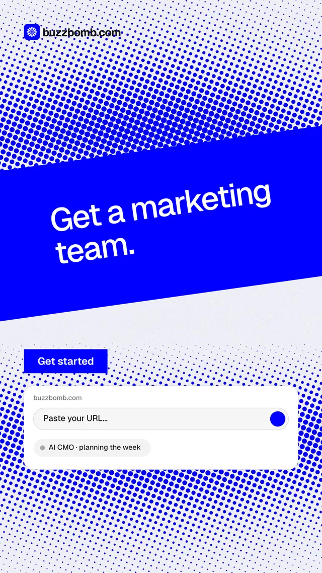 Instagram story for BuzzBomb: "Get a marketing team." Split block style, diagonal layout, light palette in blue, white.