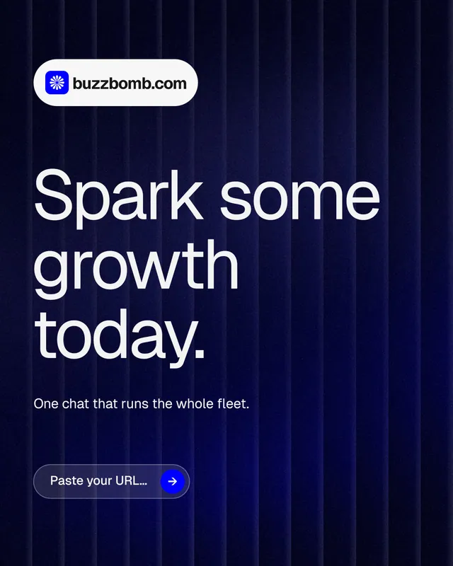 Instagram portrait post for BuzzBomb: "Spark some growth today." Agentic glass style, announce layout, dark palette in black, blue, grey.