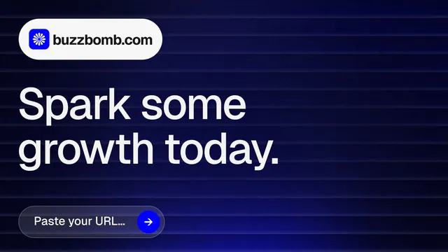 Landscape graphic for BuzzBomb: "Spark some growth today." Agentic glass style, announce layout, dark palette in black, blue, grey.