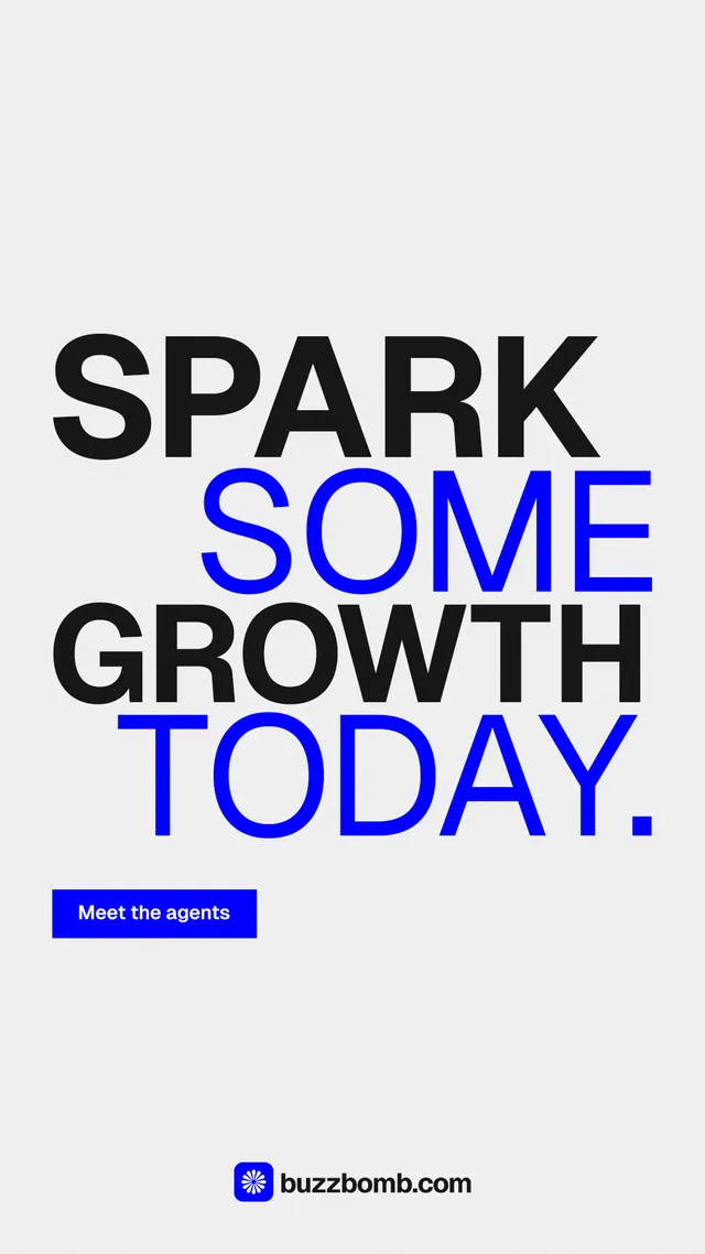 Instagram story for BuzzBomb: "Spark some growth today." Swiss style, stacked layout, light palette in white, blue.