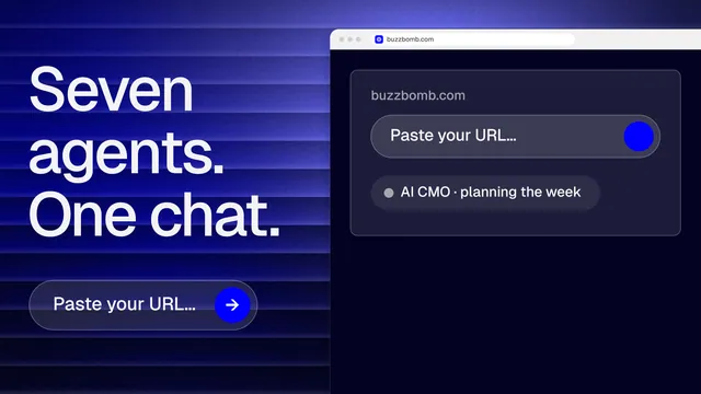Landscape graphic for BuzzBomb: "Seven agents. One chat." Agentic glass style, browser layout, dark palette in black, blue.